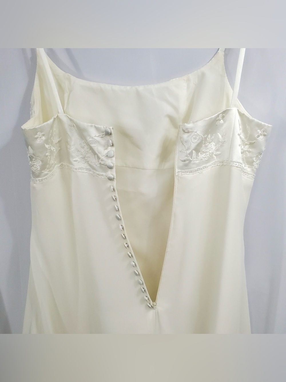 Vintage Off White Satin Wedding Dress Spaghetti Straps Beaded Size M - Picture 7 of 11